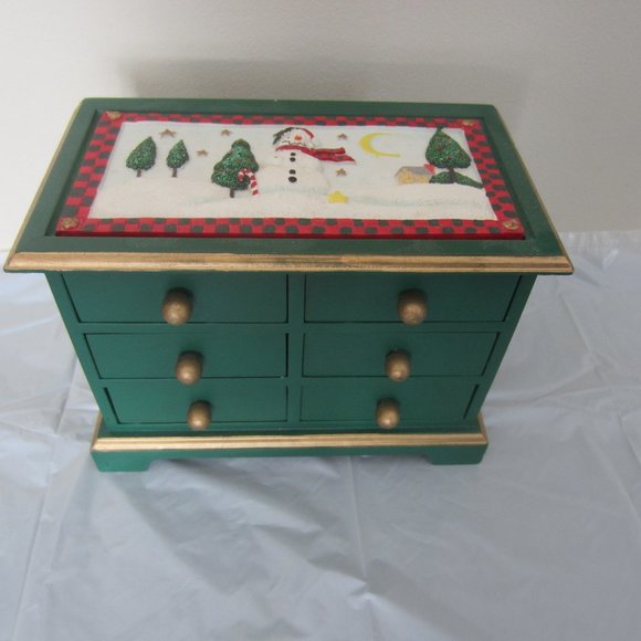 Christmas Holiday Wood Painted Snowman Small 6 Drawer Jewelry Trinket Box - Picture 1 of 11
